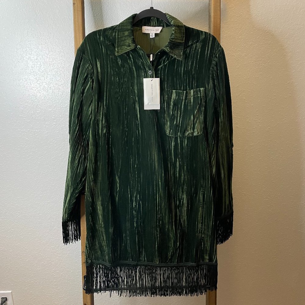 Velvet Fringe Shirt Dress Emerald XS